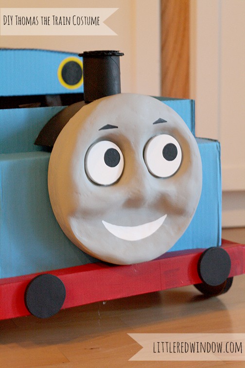 Closeup of the cardboard train's cute face