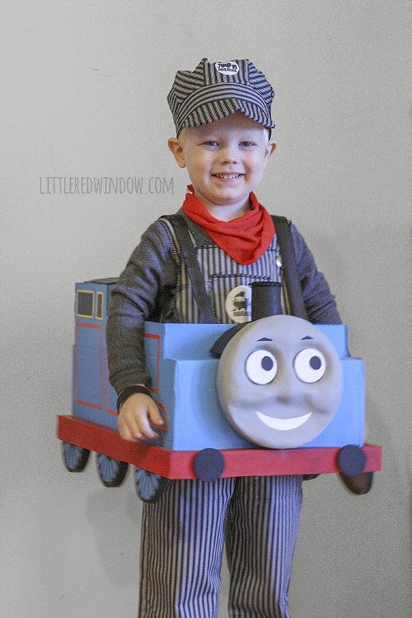 Super adorable DIY Thomas the Train Halloween Costume made from a cardboard box! from Little Red Window