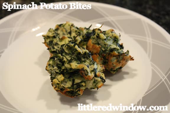 3 spinach potato bites on a white plate with gray geometric pattern around the edge