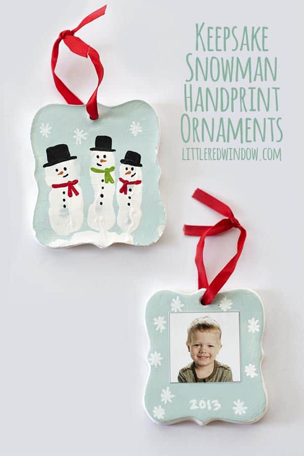 Two ornaments, top one showing three painted snowmen made of fingerprints, bottom one showing photo of little boy with the year 