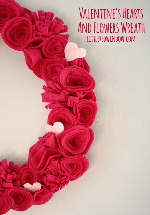 Valentine's Hearts and Flowers Felt Wreath | littleredwindow.com | Make a beautiful, fluffy Hearts and Flowers Wreath for Valentine's Day from Felt with this great tutorial!
