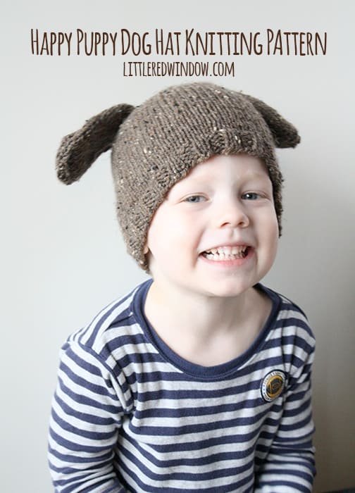 Little boy smiling and wearing a brown hat with puppy ears