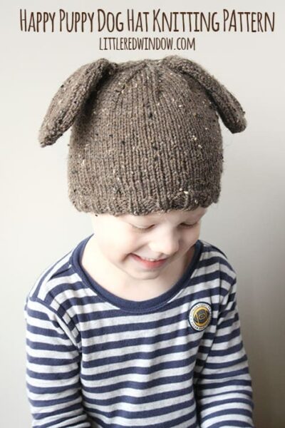 Little boy smiling and wearing a brown hat with puppy ears