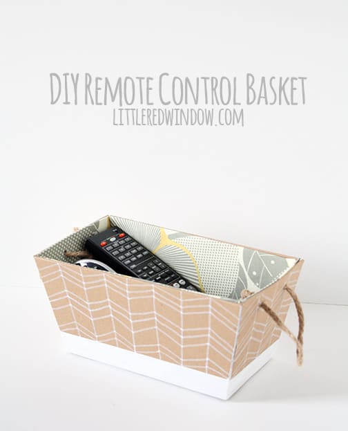 DIY Remote Control Basket | littleredwindow.com | Stop losing the remote, make your own cute fabric lined DIY Remote Control Caddy for your living room!