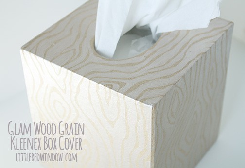 Finished view of tissue box cover with metallic wood grain pattern on all sides