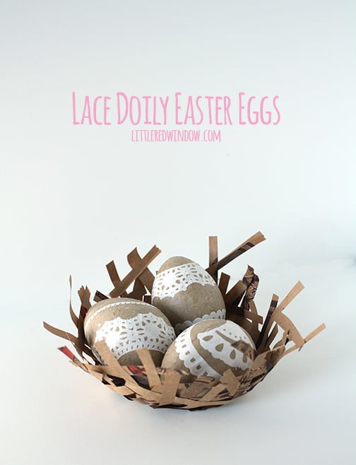 Lace Doily Easter Eggs in a brown paper nest