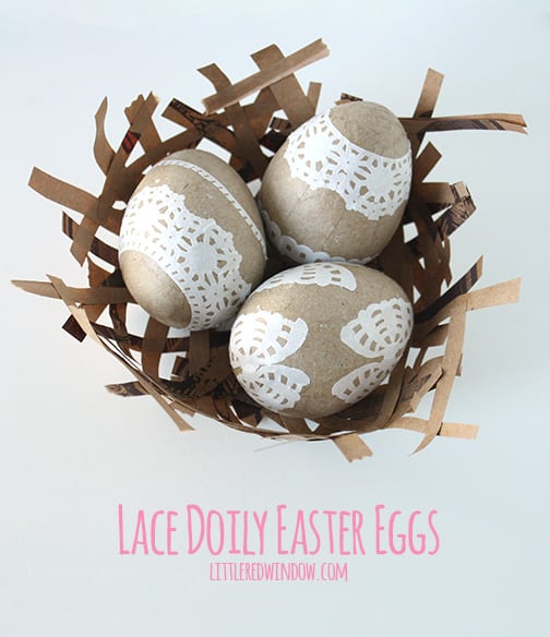 Lace Doily Easter Eggs in a brown paper nest top view