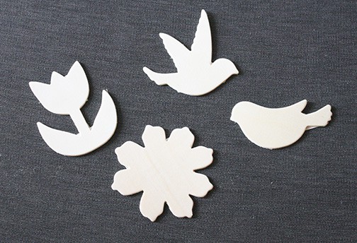 unpainted wood spahes of tulip, flower and two birds