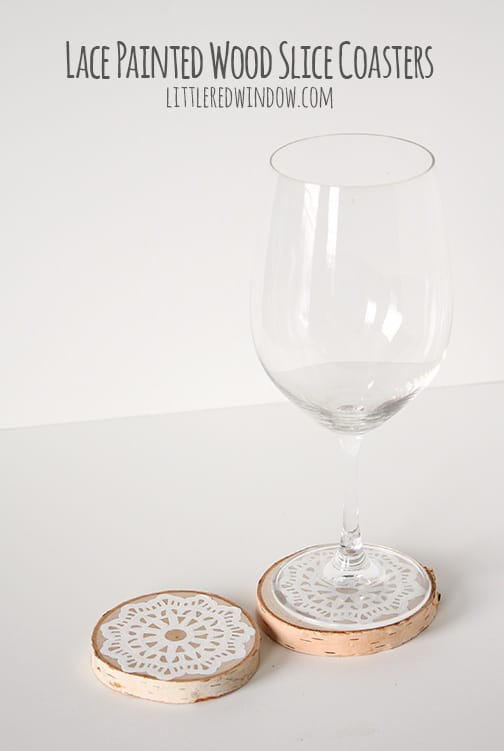 Lace Painted Wood Slice Coasters | littleredwindow.com | Make beautiful, unique and hand-painted coasters, perfect for a gift!