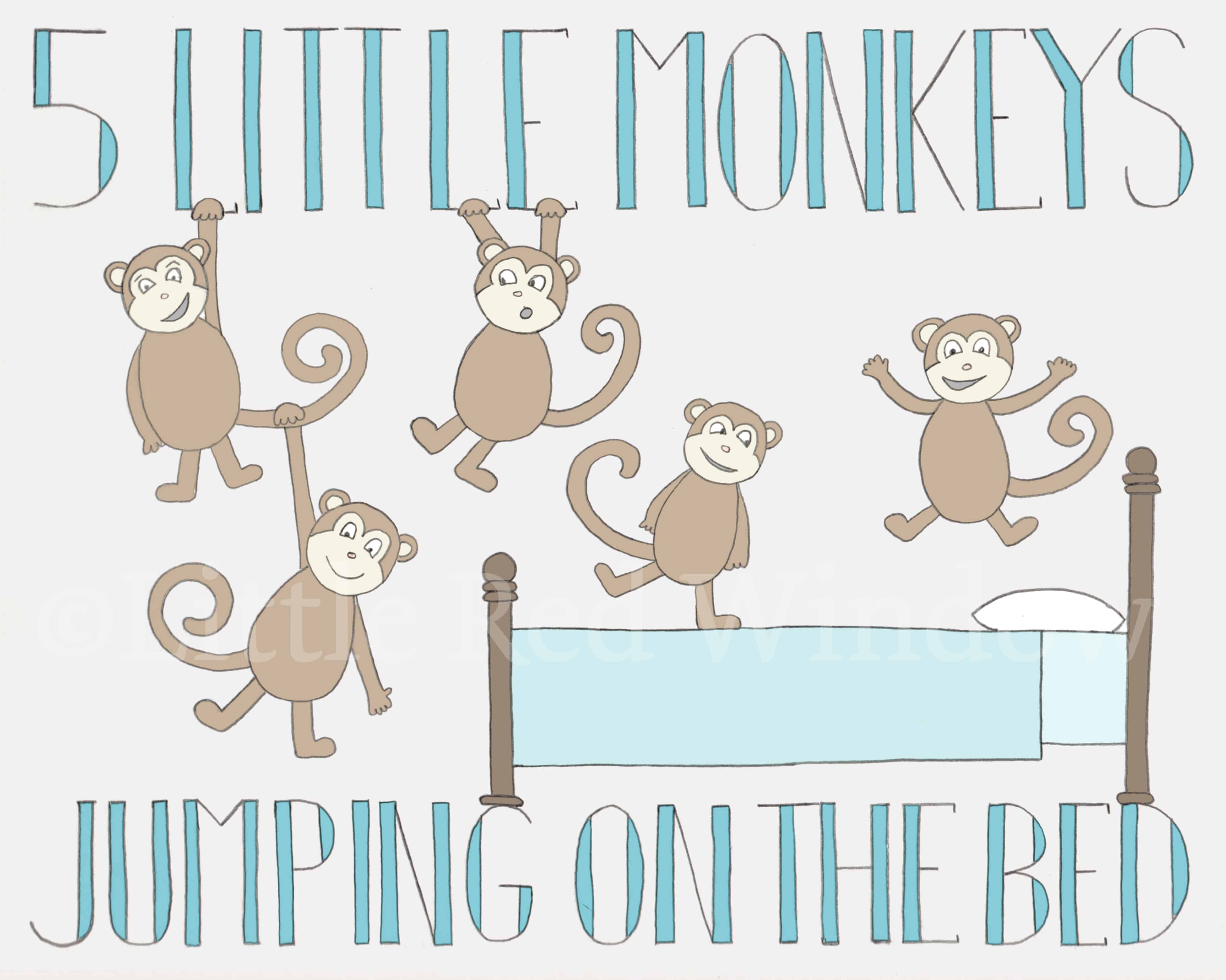 drawing of 5 monkeys jumping on a bed