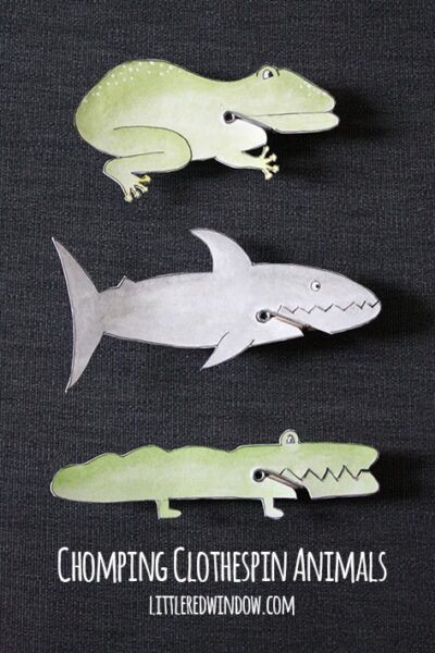 frog, shark and alligator chomping clothespin animals