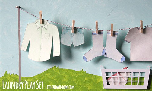 DIY Laundry Play Set with paper clothes to hang and laundry basked to store them in