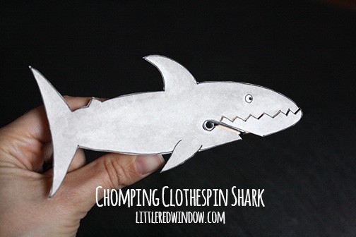 Shark clothespin animal with mouth open and fish inside