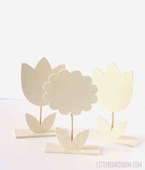 blank wood flower shapes, two tulips and one daisy