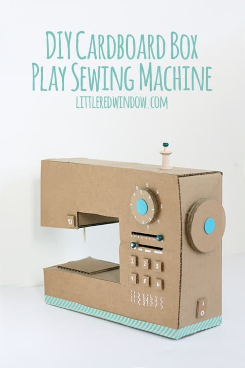 DIY Cardboard Box Play Sewing Machine in front of a white background