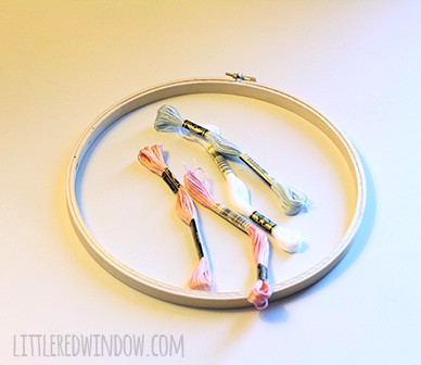 Embroidery hoop and 4 skeins of floss in pastel colors