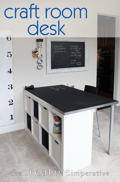 craft room desk from ikea bookshelf with text