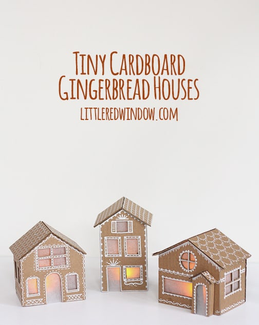 Tiny Cardboard Gingerbread Houses | littleredwindow.com | Make these adorable little Gingerbread Houses out of cardboard, they even light up!