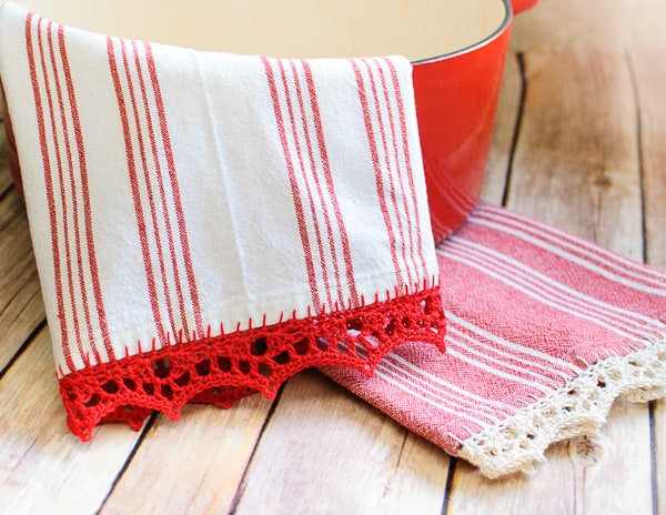 red and white striped dishtowels with decorative crochet edging added