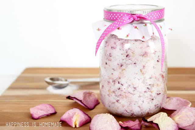 jar of bath salts with rose petals