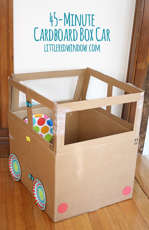 45 Minute Cardboard Box Car| littleredwindow.com | Not all crafts have to be perfect and pinterest-worthy, this cardboard box car is fun to make WITH your kids and is done in less than an hour!