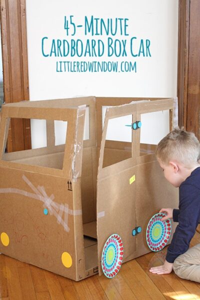 45 Minute Cardboard Box Car| littleredwindow.com | Not all crafts have to be perfect and pinterest-worthy, this cardboard box car is fun to make WITH your kids and is done in less than an hour!