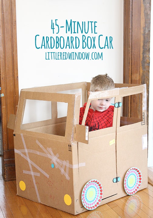45 Minute Cardboard Box Car|  littleredwindow.com  |  Not all crafts have to be perfect and pinterest-worthy, this cardboard box car is fun to make WITH your kids and is done in less than an hour!