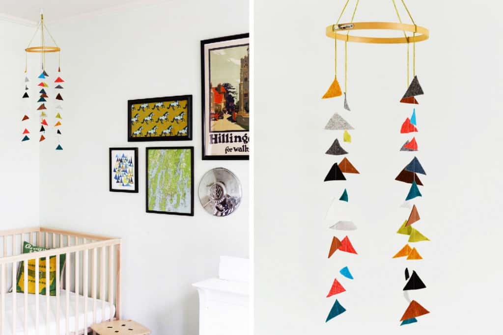 mobile with hanging colorful triangles