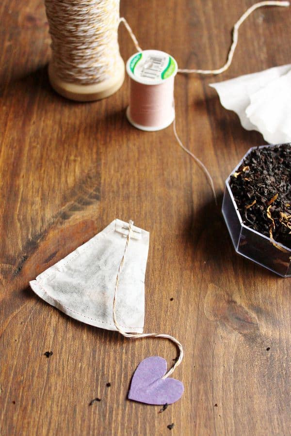 Handmade muslin teabag with heart shaped tag