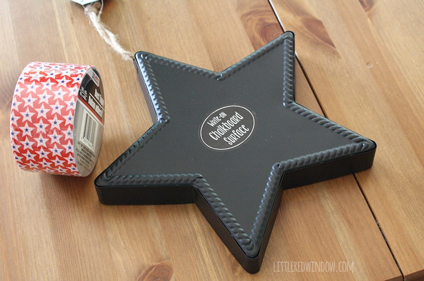 metal star shaped chalkboard and roll of patriotic star duct tape