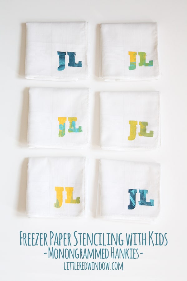 Freezer Paper Stenciling with Kids! | littleredwindow.com | Make these cute monogrammed hankies with your little ones, they make great gifts!