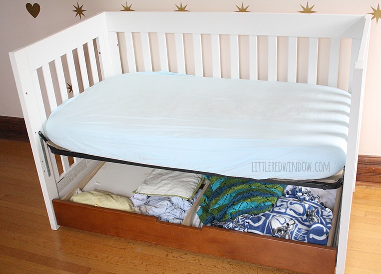Super Easy No Sew Crib Skirt!  | littleredwindow.com | Make your own custom crib skirt in just a few minutes, no sewing machine required!