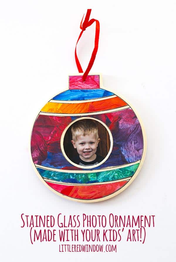 Use your kids' artwork to make this beautiful stained glass photo ornament for Christmas!