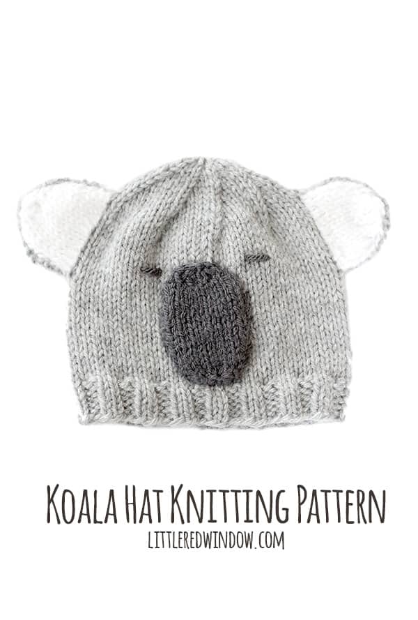 Flat lay of gray knit koala hat on a white background