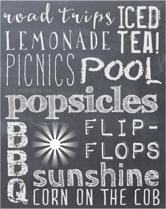 Free Chalkboard Summer Subway Art Printable with chalkboard background and summer themed words like "popsicles, flip-flops, bbq, and lemonade"