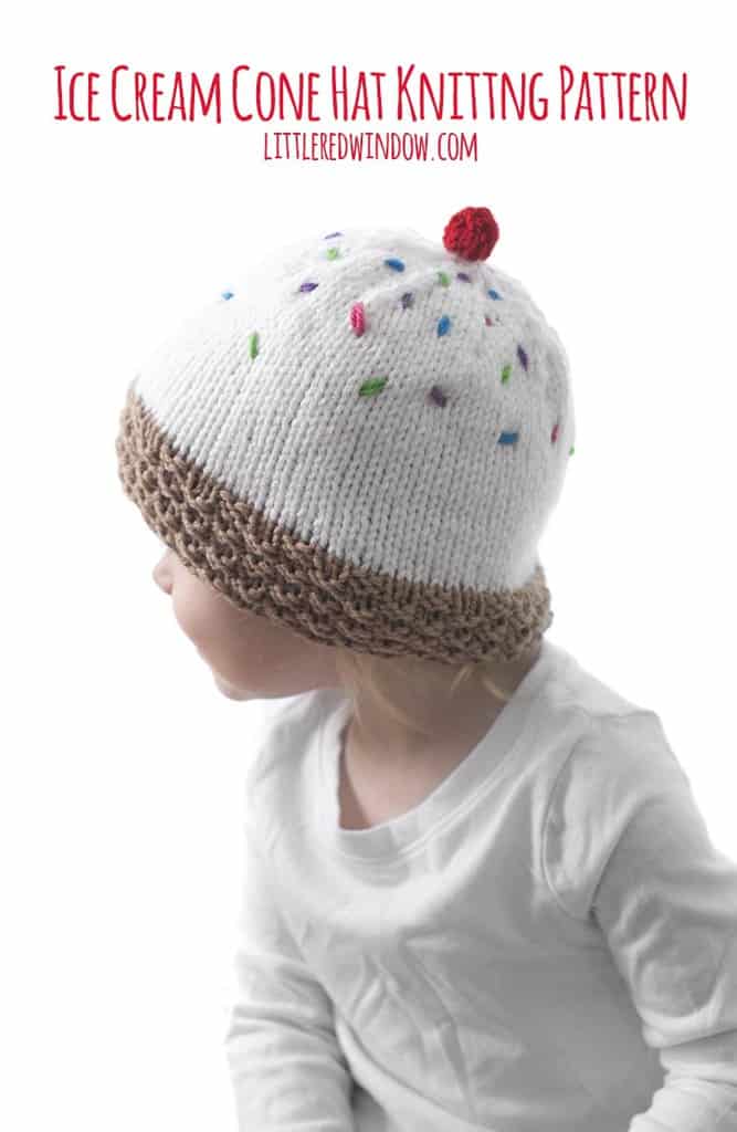 Ice Cream Cone Hat Knitting Pattern, this adorable pattern has a waffle cone brim, delicious vanilla scoop and is topped with sprinkles and a cherry, perfect to knit for your sweet baby or toddler! 