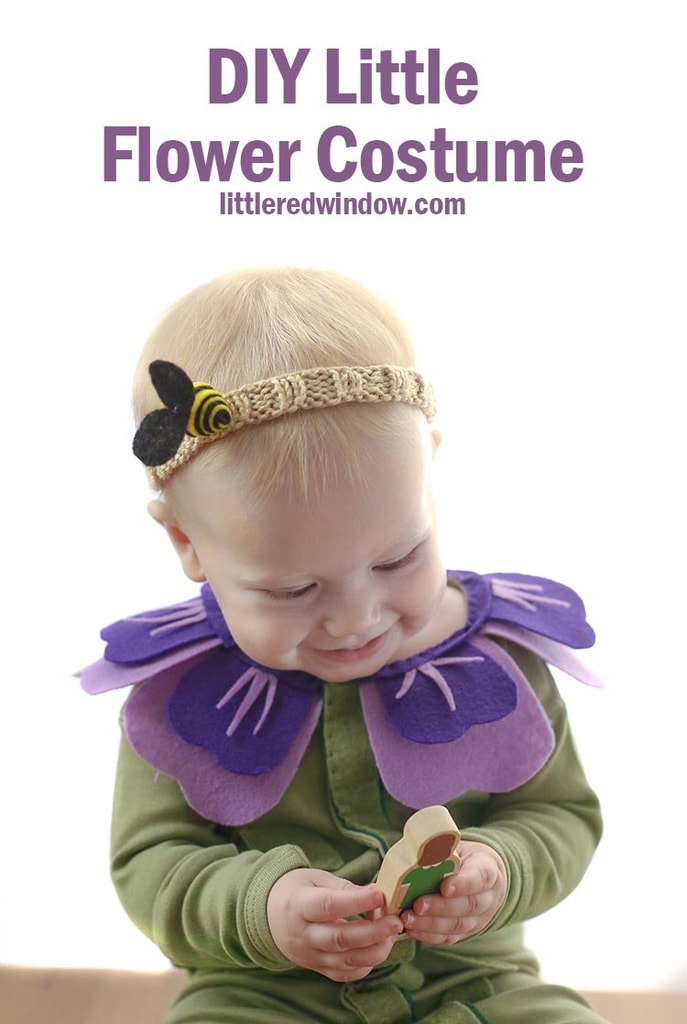DIY Flower Costume and Bee Headband, so perfect for Halloween! This costume starts with a warm pair of PJs and is super easy to put together!