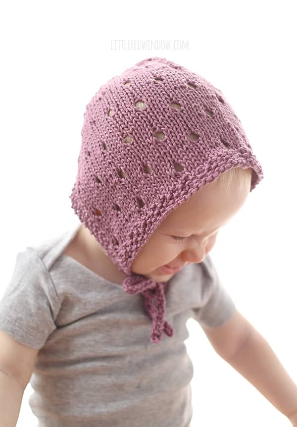 Pink Knitted Baby Bonnet Hat with Ties