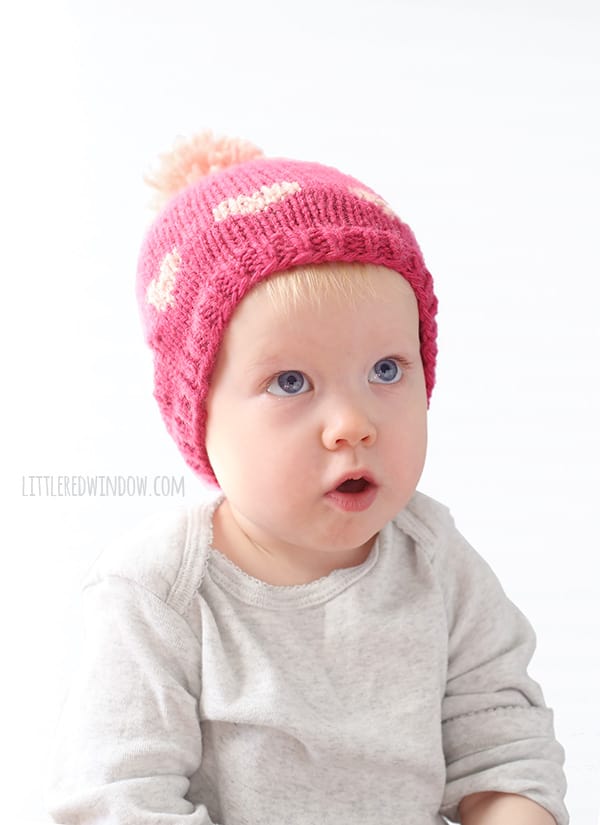 Valentine's Day Baby Hat White Hearts on Pink Fair Isle Knit Hat