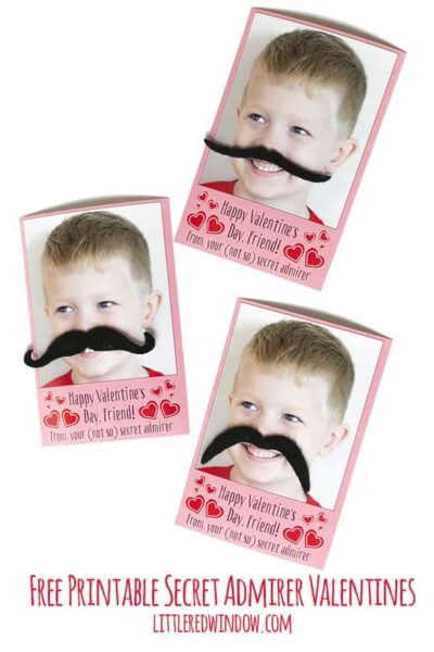 Adorable free printable secret admirer valentines, add your own photo and silly mustache disguise! | littleredwindow.com