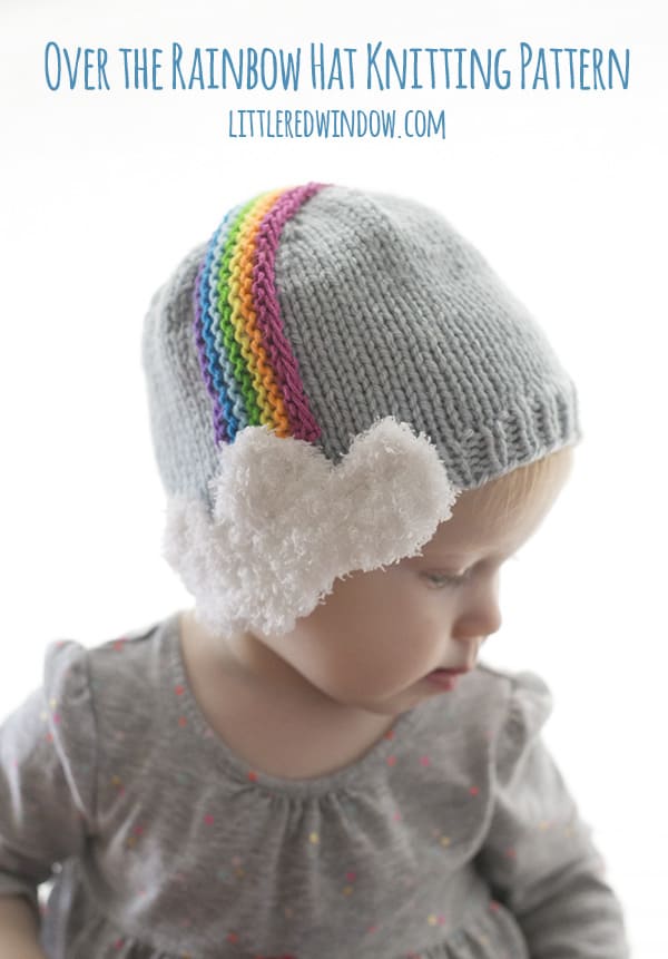 Over the Rainbow Hat Knitting Pattern for babies and toddlers with cute rainbow headband fluffy cloud earflaps! | littleredwindow.com