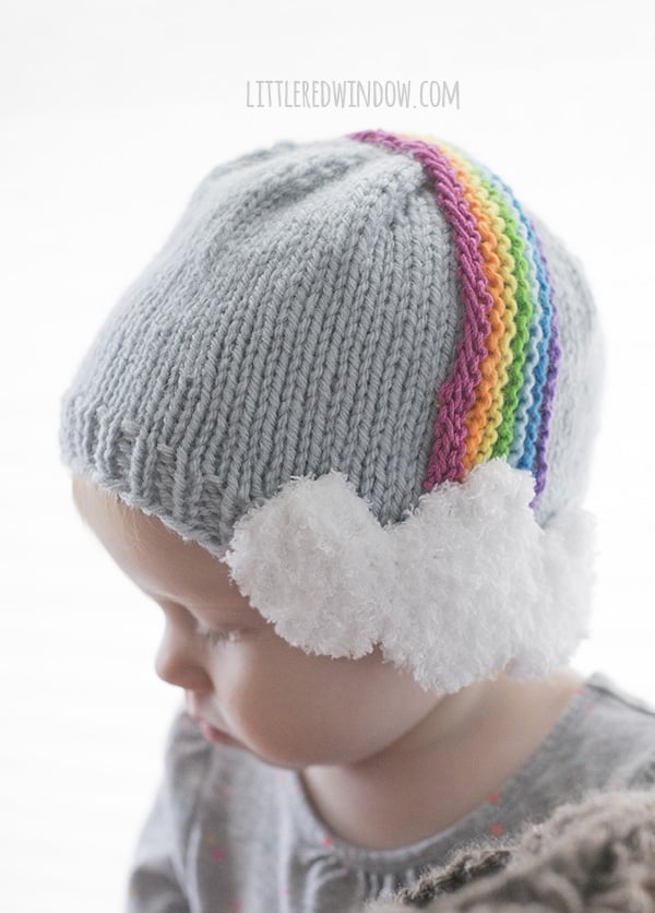 Over the Rainbow Hat Knitting Pattern for babies and toddlers with cute rainbow headband fluffy cloud earflaps! | littleredwindow.com