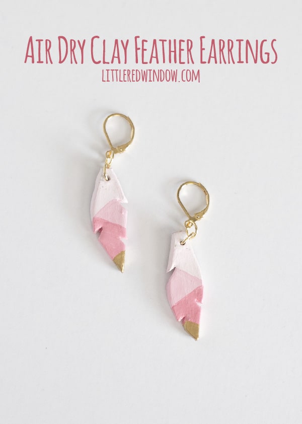 Easy Air Dry Clay Earrings, these cute feather earrings are lightweight and super simple to make!  | littleredwindow.com 