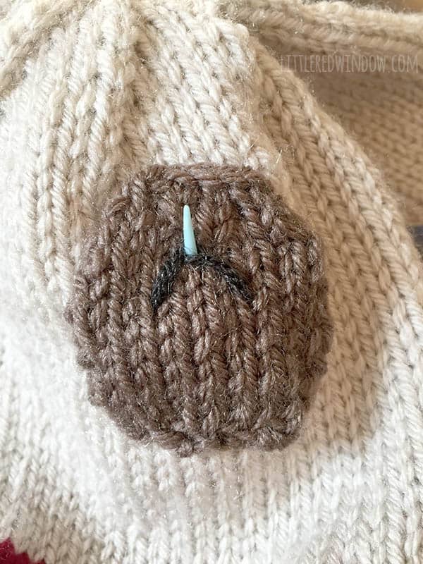 yarn needle stitching puppy dog eye with charcoal yarn 