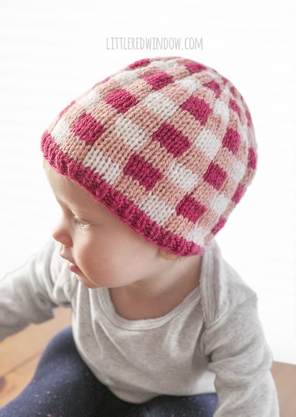 Adorable Buffalo Plaid Knit Hat Knitting Pattern for newborns, babies and toddlers! | littleredwindow.com