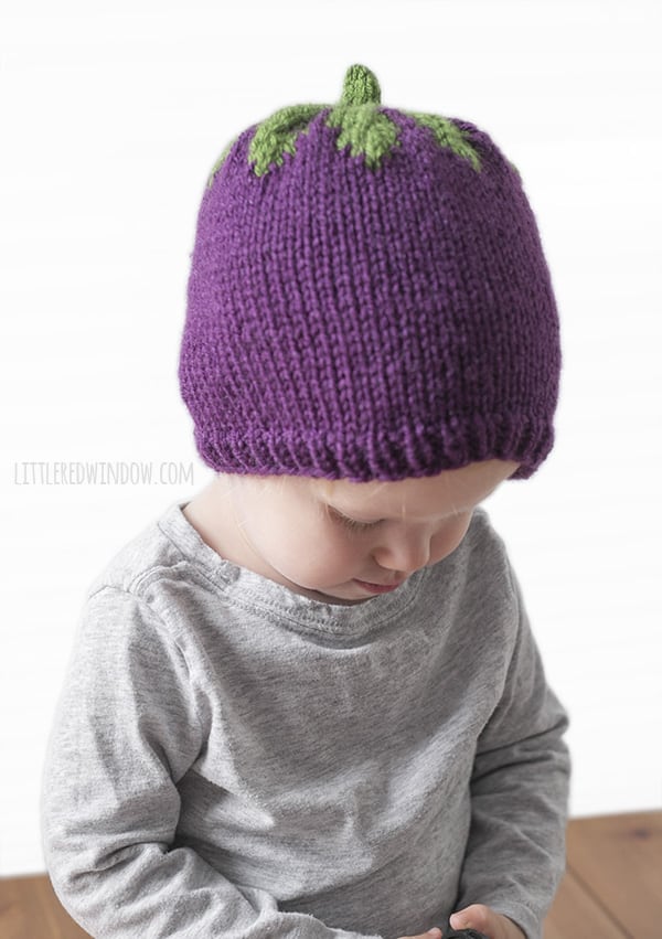 Adorable Eggplant Hat Knitting Pattern for newborns, babies and toddlers! | littleredwindow.com