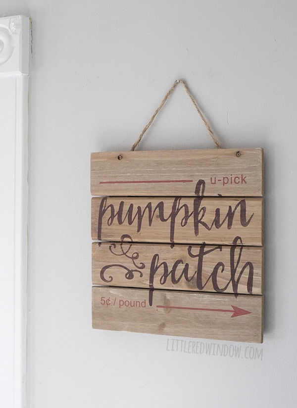 side view of finished pumpkin patch sign hanging on a gray wall 
