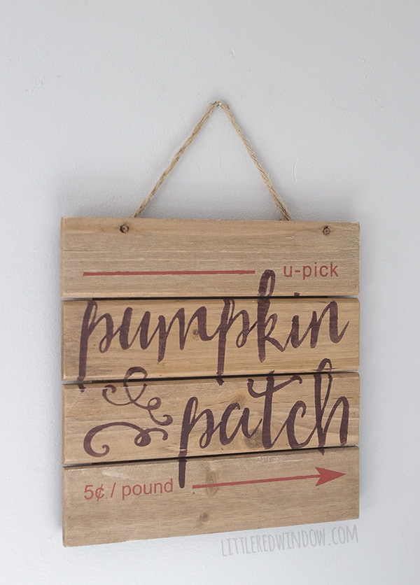 closeup of wood stenciled pumpkin patch sign 