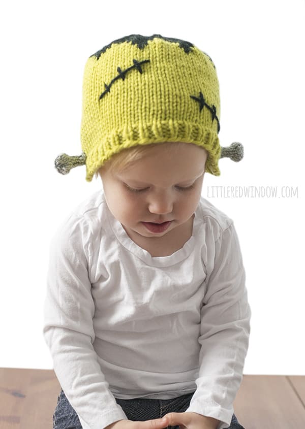 Frankenstein Hat Knitting Pattern, perfect for Halloween costumes for newborns, babies and toddlers! | littleredwindow.com