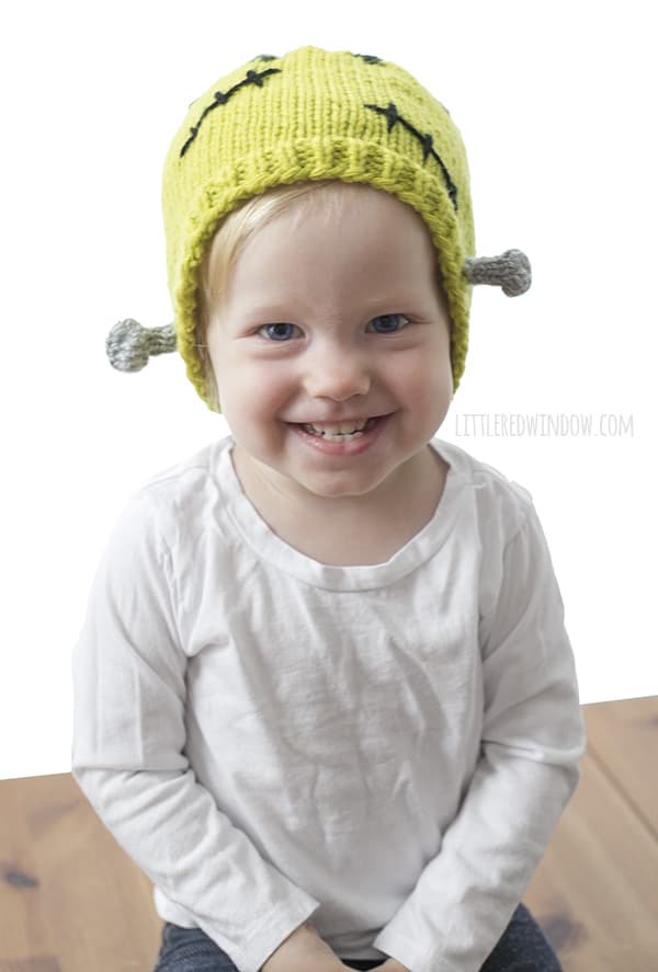 Frankenstein Hat Knitting Pattern, perfect for Halloween costumes for newborns, babies and toddlers! | littleredwindow.com